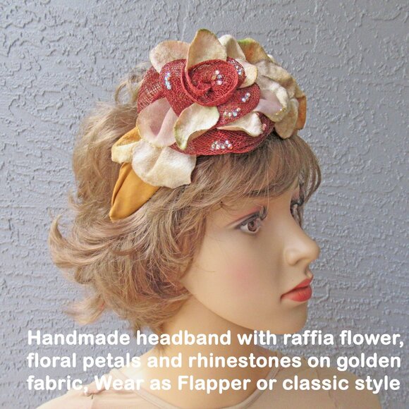 Handmade headband with raffia flower, floral petals & rhinestones, Beige & brown - Picture 2 of 13